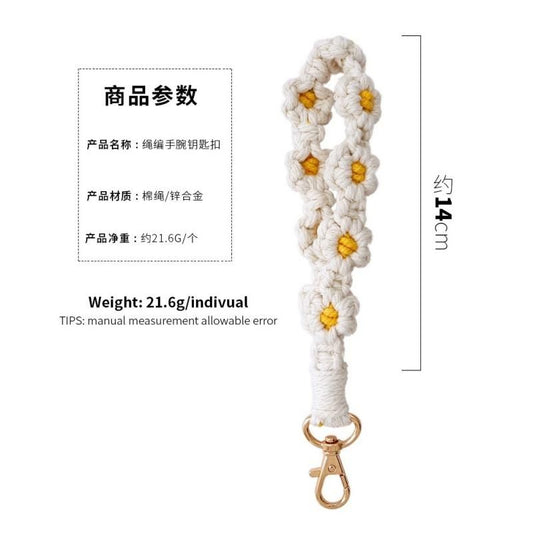 Pink Boho Daisy Handmade Braided Wrist Strap Keychain – Floral Crochet Keyring with Zinc Alloy Hook (Lightweight 21g Travel & Fashion Accessory)